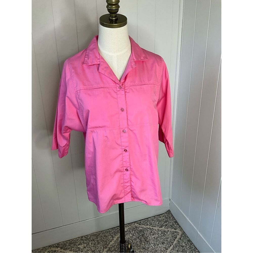Hunters Glen Womens Large Button Front Shirt Pink Chest Pockets 3/4 Sleeves